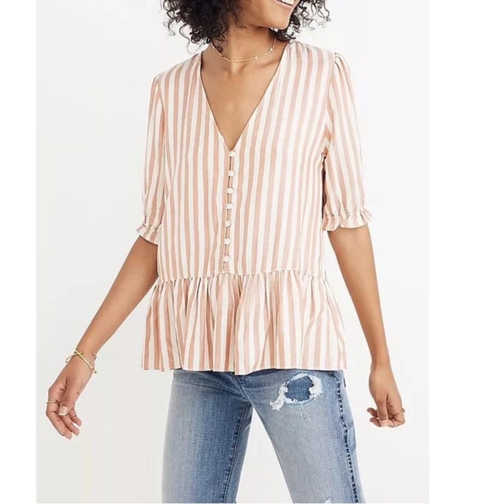 Madewell Courtyard Ruffle Hem Blouse Top in Rusted Tin Katie Stripe Size Small